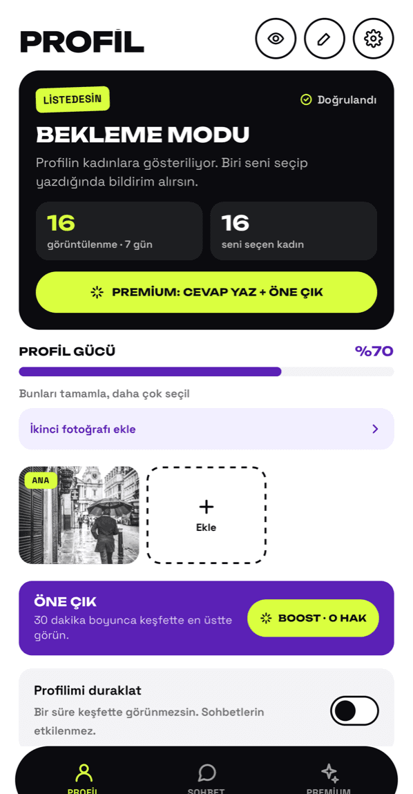 OnlyMens profil ekranı